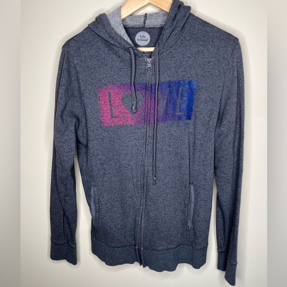 Life is good Love Hooded Full Zip Sweatshirt Gray Size Medium - Picture 1 of 6